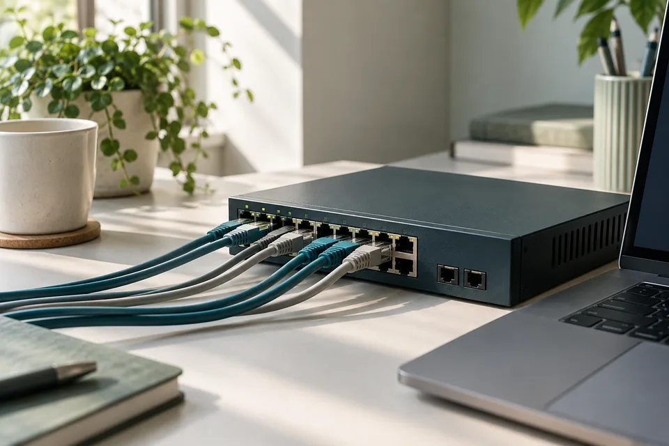NetzwerkgerÃ¤t mit geordneten Kabelverbindungen als Symbol fÃ¼r Datenaustausch.
